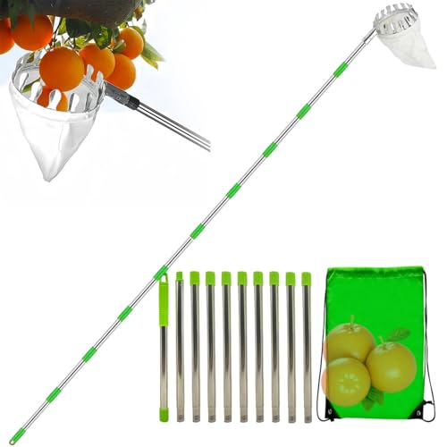Fruit Picker Pole with Basket, 2025 New Fruit Picker Head Basket with Telescopic Extendable Pole, High Altitude Portable, Metal Head Fruits Picking Harvester Non Slip Grip for Harvesting