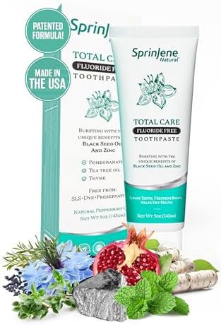SprinJene Natural Fluoride Free Toothpaste for Clean and Strong Teeth and Gums, Fresh Breath, and Helps Dry Mouth - Vegan, Dye-Free, SLS Free Patented Toothpaste for Adults 1 Pack (Improved)