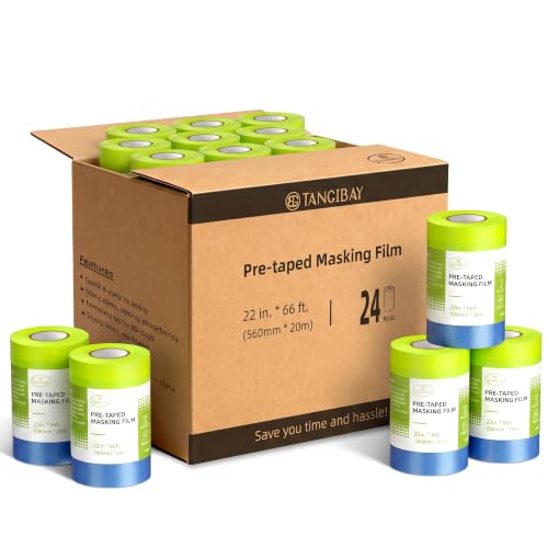 Tangibay Pre-Taped Masking Film - 22" x 66' Painters Plastic Sheeting with Painter's Tape and Drape for Automotive & House Painting, Covering Cars, Walls, Windows and Furniture Protection (24 Rolls)
