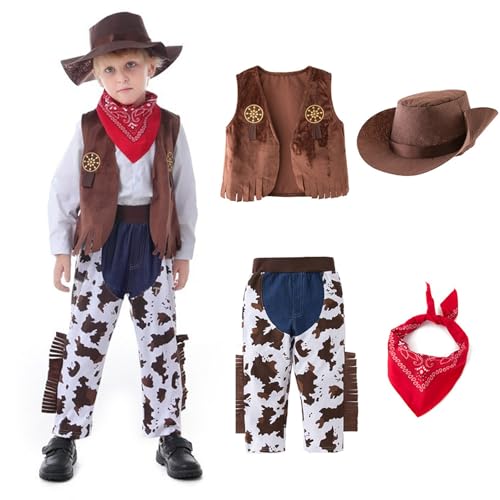 MeYuxg Déguisement Cowboy Enfant, Costume de Cowboy Enfant avec Pantalon, Gilet, Chapeau et Écharpe, Joli Costume de Cowboys Garçon pour Fêtes à Thème,...