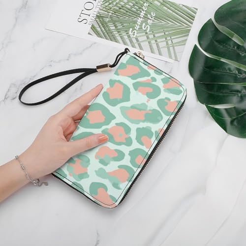 Pastel Mint Green Leopard Print Peach PU Leather Clutch Long Bifold Wallet, Coin Purse Credit Pass Case, Durable Card-Holder Money Storage for Women Men4