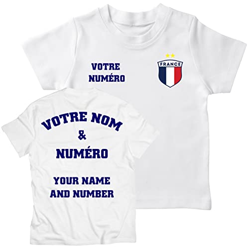 Maillot de Foot Enfant | T Shirt Cadeau Personnalisé avec Votre Nom et Numéro | France Football 2026 (1-2 Ans Blanc Multicolore)