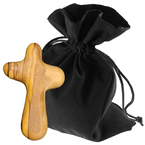 Lunexus Croce di consolazione, 5 cm, in legno d'ulivo di Betlemme, fatta a mano, benedetto e consacrato, croce per comunione, battesimo, cresima, preghiera, pellegrini e malati, croce curativa, croce