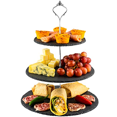 Nyxi 3 in 1 Cake Stand Afternoon Tea Serving Plate 100% Natural Slate Round Rough Edges Display with New Fittings, Can be Used as 3 Tier, 2 Tier & Single Tier Stand As Your Need (1)