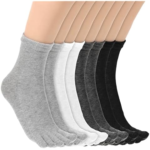 4 Pair Toe Socks for Women Five Finger Cotton Socks with Toes Separated for Women Men Individual Running Toe Crew Sock Black, White, Dark, Grey, Light Grey Cover