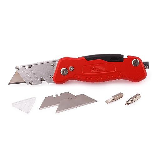 MIVOS Cuchillo con hoja retráctil - Herramienta multiusos de 125 mm de longitud - incluye 2 cuchillas de repuesto y 2 puntas de destornillador - Cuchillo de metal, hoja trapezoidal, cortante