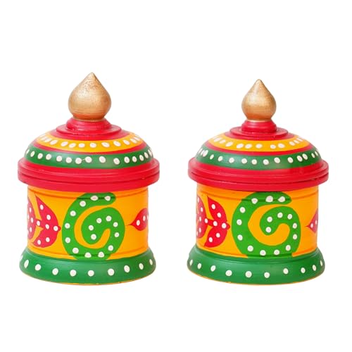 Wooden Kumkum Box Sindoor Dani – Hand-Painted Multicolor Traditional Sindoor Dibbi Set of 2 Best Gift for Bride (3 Inch Height) Sindoor_Dibbi002