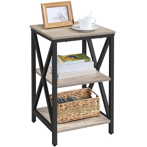 Yaheetech Tavolino Laterale 40 x 40 x 62 cm, Comodino Industriale Struttura a X, Tavolino Lato in Acciaio a 2 Ripiani per Soggiorno, Tavolo da Caffè da, Scaffale in Legno e Metallo Stabile Grigio