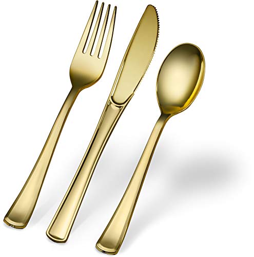 Plasticpro Disposable Heavy Duty Gold Plastic Forks, Fancy Plastic Silverware Looks Like Real Gold Cutlery - Utensils Great for Catering Events, Restaurants, Parties and Weddings Pack of 40