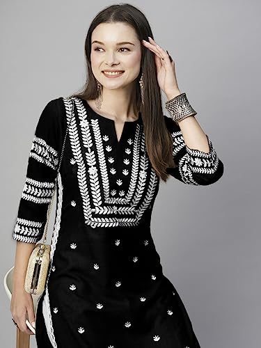 Image of ANNI Designer Women's Cotton Straight Fit Straight Viscose Chikankari Embroidered Kurta