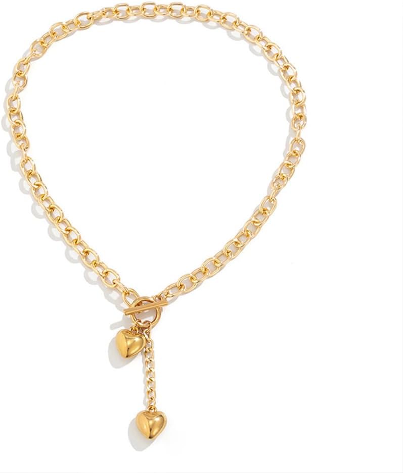 Cute Gold Double Heart Y Necklaces Thick Chain Choker for Women, Charm Silver Love Heart Pendant OT Buckle Necklace Statement Jewelry Gift Accessories - Image 8