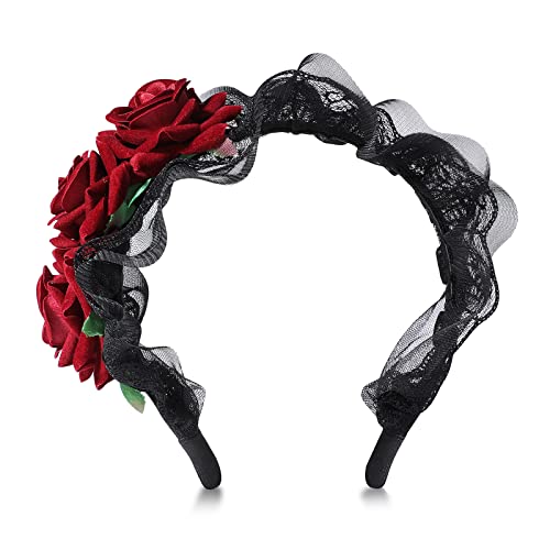 MWOOT Women Red Rose Headband, Floral Headpiece for Halloween Costumes Mexican Day of The Dead Hair Decor - Image 2