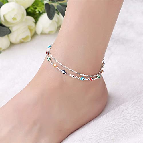 Descount Silver Plated Double Layered Multi-Colored Evil Eye Anklet,Friendship Foot Chain Ankle Bracelet For Women #TOP3