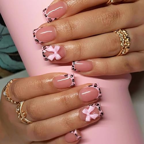 Leopard French Tip Press-On Nails, Short Square Pink Set with Jelly Tool, 24 Pcs