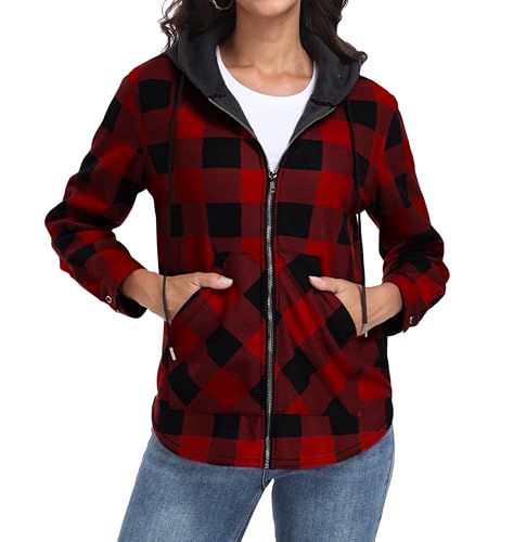 Image of Lepunuo Womens Fleece Jacket Plaid Long Sleeve Full-Zip Shacket Jackets with Pockets