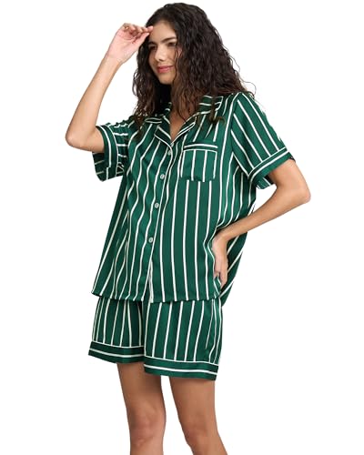 Image of YiNi LuLu Womens Silk Satin Shorts Pajamas Set Button Down 2 Piece Pjs Short Sleeve Oversized Sleepwear with Pockets