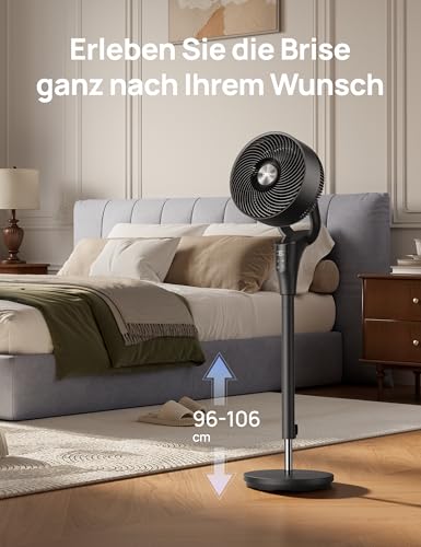 DREO Leiser Standventilator für Schlafzimmer [Verbessert], 27m Luftstrom, 20dB Leise, 90° Oszillierend, DC-Motor, 8 Geschwindigkeiten, 3 Modi, 96–106cm Höhenverstellbar, 8H Timer, 105° Manuell Neigbar