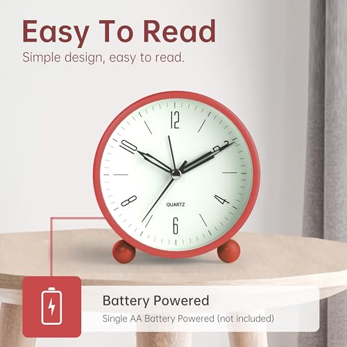 Image of Analog Alarm Clock, 4 inch Super Silent Non Ticking Small Clock with Night Light, Battery Operated, Simple Design, Old Fashioned Style Wine-red Decor, for Bedroom, Bedside, Desk, Adult, Gift, Red