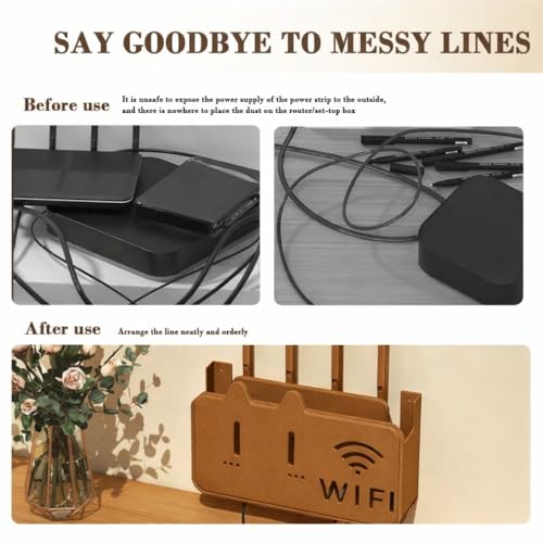 Image of Wall Mounted WiFi Router Storage Box with Cable Management, No Drill Adhesive WiFi Box Holder, Ventilated Router Stand Organizer for Modem, Power Strip & Set Top Box for Home Office Use (Brown)