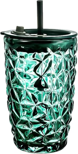 Image of Glass Tumbler with Airtight Lid & Straw - 430ml Diamond Design Reusable Smoothie Cup - Travel Sipper Bottle for Juice, Iced Tea, Coffee, Cocktails - Hot & Cold Beverage Cup - Pack of 2