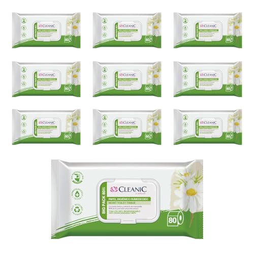 Cleanic Papel Higiénico Humedo - (80x10 Piezas) Papel Higiénico - con Extracto de Manzanilla - Desechable - Toallitas Humedecidas para Limpieza Íntima - 800 Piezas