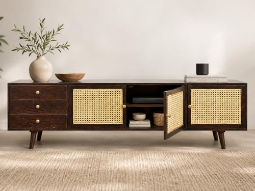 Image of Premium Solid Wood, 10 Minutes Assembly (Legs Only), Aesthetic Rattan Doors, Mid Century Entertainment Center for Living Room, TV Stand for 65 inch TV, Dark Chocolate (Dark Walnut)