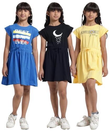 Image of T2F Girls Cotton Printed Casual Knee-Length Dress(Pack of 3)