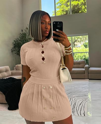 Image of Two Piece Outfits for Women Summer Going Out Knit Crop Tops Pleated Mini Skirt Sets Short Sleeve Mini Dress