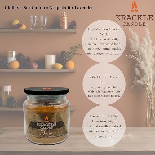 Image of Krackle Candle | Chillax | 16 oz Scented Candle with Natural Crackling Wooden Wick | Poured in the USA | Sea Cotton, Grapefruit & Lavender Fragrance