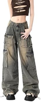 Cotoinddy Jeans feminino com vários bolsos hip hop streetwear