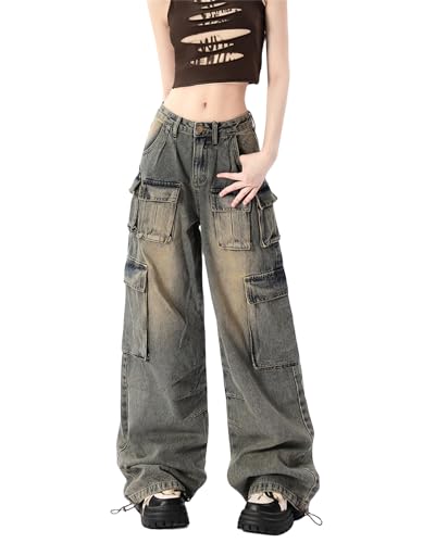 Cotoinddy Women's Multi Pocket Jeans Hip Hop Streetwear Low