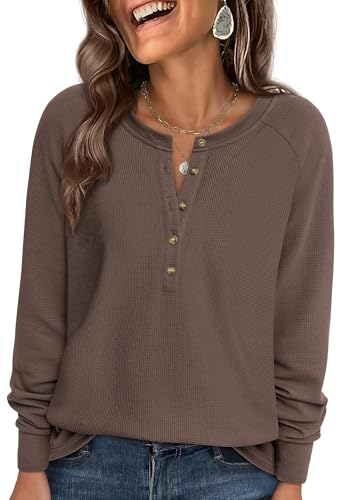 Image of PRETTYGARDEN Women's Long Sleeve Waffle Knit Henley Shirts Loose Tunic Tops