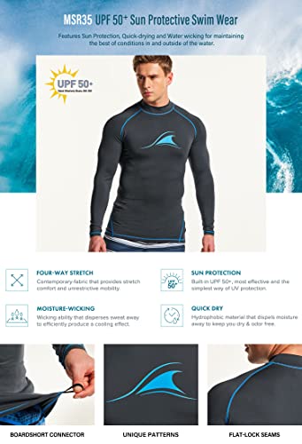 Tsla Men's Upf 50+ Long Sleeve Rash Guard, Uv/Spf Quick Dry Swim Shirt, Water Surf Swimming Shirts, Big Wave Charcoal & Royal, Medium #TOP6