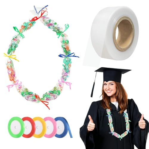 QZV Candy Lei Tubing 2 Inch X 328 FT Graduation Candy Lei Making Kit with 5 Rolls Ribbon Clear Lei Making Supplies Poly Tubing Roll for DIY Graduation Wreaths Packing Snacks