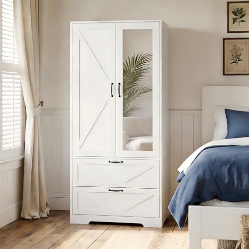 Wooden Wardrobe Closet with Mirror Drawers and Light