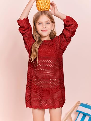 Image of Batermoon Girls Crochet Long Sleeve Swimsuit Cover Up Kids Fashion Hollow Out Swimwear Beach Dress 5-14 Years