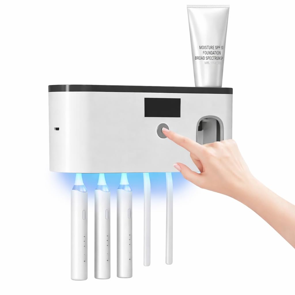 Rechargeable Wall Mounted UV Toothbrush Holder with Toothpaste Dispenser Bathroom Organiser UV Disinfection Sterilizer for 5 Tooth Brush Holder for Bathroom Wall Toothbrush Cover Case-image-17