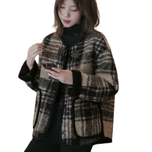 JYHBHMZG Veste en cachemire pour femme - Printemps et automne - Doublure en peluche épaisse à carreaux - Tweed, Noir , S