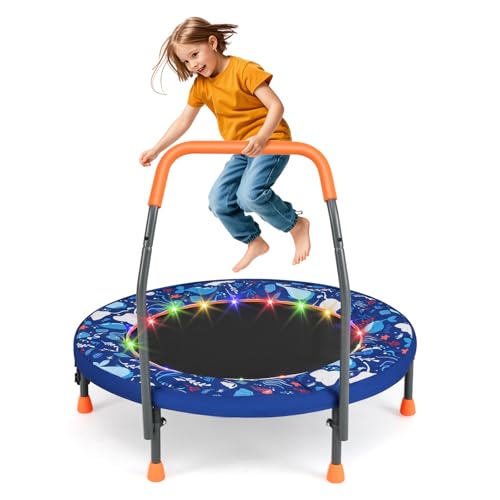 Costway 90 CM Mini Trampoline for Kids w/Lights, Indoor Outdoor Foldable Toddler Fitness Recreational Trampoline w/Foam Handle, Padded Safety Cover & Carry Bag (Orange + Navy)