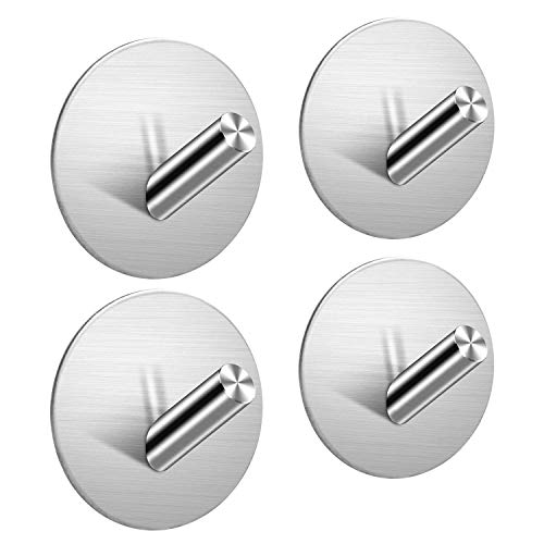 SouLips Adhesive Hooks, Self Adhesive Wall Mounted Hangers for Bathroom Kitchen Doors, Heavy Duty Brushed Stainless Steel Stick on Hooks, Non Slip Waterproof for Hanging Keys Robe Coat Towel, 4 Packs