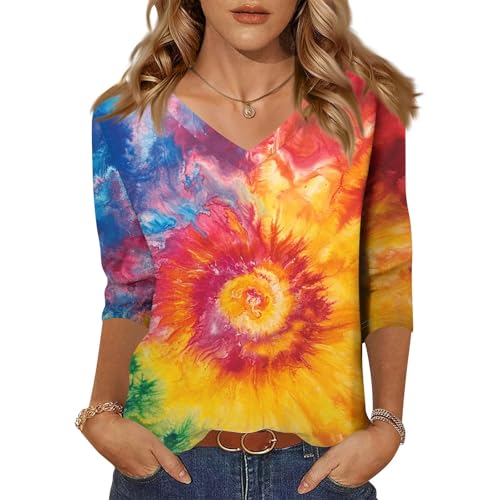 Womens Oversized Tee Shirts Cotton 3/4 Sleeve Vneck Summer Work Tops for Women Cotton Elbow Sleeve Tunic Tops Tie Dye Womens Blouses Curvy Fall Concert Outfits Multicolor XL