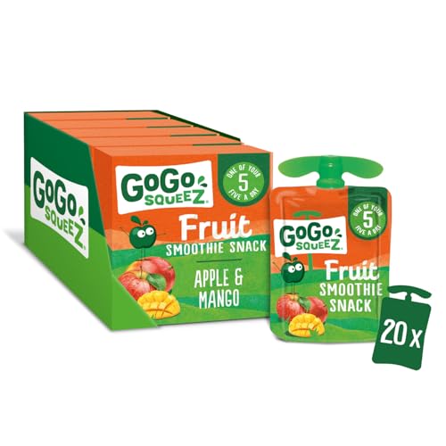 GoGo squeeZ Fruit Smoothie Snack, Apple Mango, 100% Real Fruit Blend, 20 x 90g Pouches, Snack for Kids & Adults, Gluten-Free, Vegan, No Added Sugar, School Lunchbox Friendly, On-the-Go Snacking