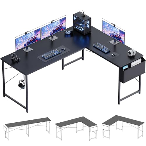 Image of Pamray 64.5 Inch Reversible L Shaped Gaming Desk Large Corner Computer Desk with Storage Bag Home Office Table for Writing Study Black