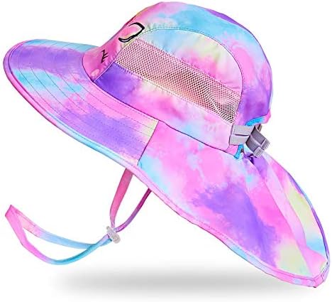 Kids Sun Hat UV Protection Unicorn Summer Beach Play Hats Wide Brim Neck Flap for Girls 2-9 Years, Purple Aqua Tie Dye