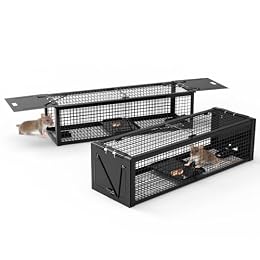 TeqHome 2Pcs Humane Rat Cage Trap, 2-Door Metal Live Animal Trap Cage, Upgraded Humane Catch Release Rodent Cages, Indoor Outdoor Live Traps for Squirrels, Mouse, Rats, Mice, 15" x 4.7" x 3.9" (Black)
