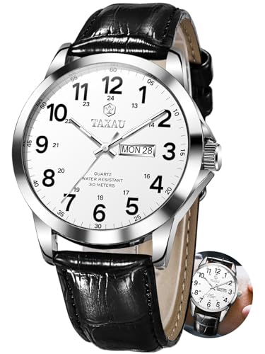 Taxau Uhren Herren Schwarzes Armbanduhr Herren Lederarmband Klassisch Arabische Ziffern MäNner Uhr GüNstig Luxus Herrenarmbanduhren Mit Metallarmband WeißEs Zifferblatt Quarzuhr Uhr FüR Herren