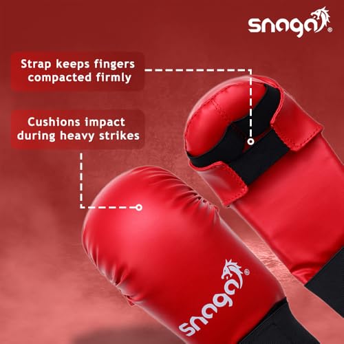 Image of Snaga Moulded Karate Gloves, Punching Bag Glove for Training, Foam Padding, Elastic Hook & Loop Wrap Around Strap, Gloves for Better Protection, Performace and Comfort. (Red, M) (10-13 Years Old)