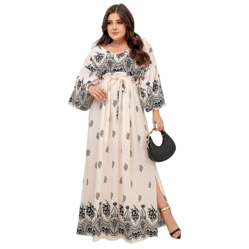 Vestido Longo Plus Size, Estampa Floral e Paisley, Manga Longa, Decote V, Cor Bege (Preto, G2)