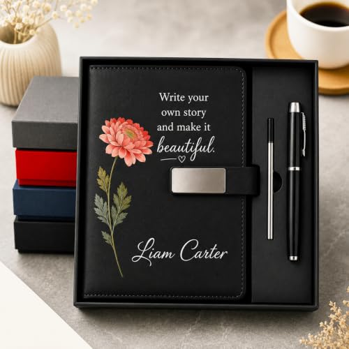 GODMERCH Personalized Leather Journal Notebook A5, Custom Name PU Writing Diary with Buckle Closure, Optional Pen Gift Box Set for Women Men, Professional Executive Office Corporate Keepsake, P2 - Image 2