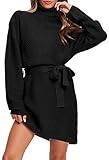 Pink Queen Women's Fall Sweater Dresses Turtleneck Batwing Long Sleeve Ribbed Knit Mini Short Dress with Belt Black M